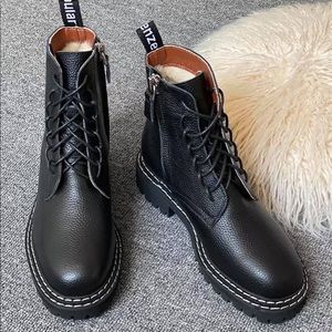 Chunky combat boots black military style genuine leather fur lined